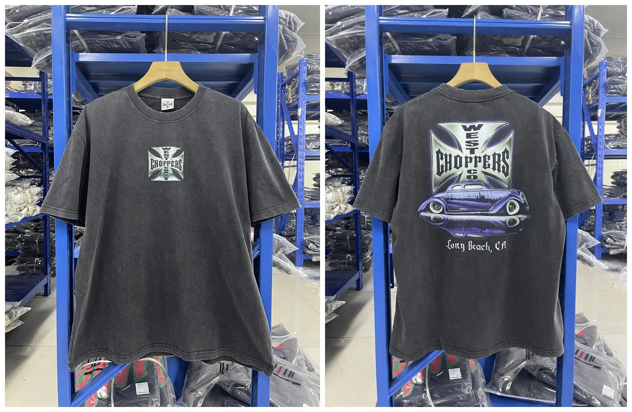 New fashion Y2K West Coast Choppers 26SS 1972 Retro Modified Car Printed Water Washed Vintage Men's Loose T-shirt Large Top