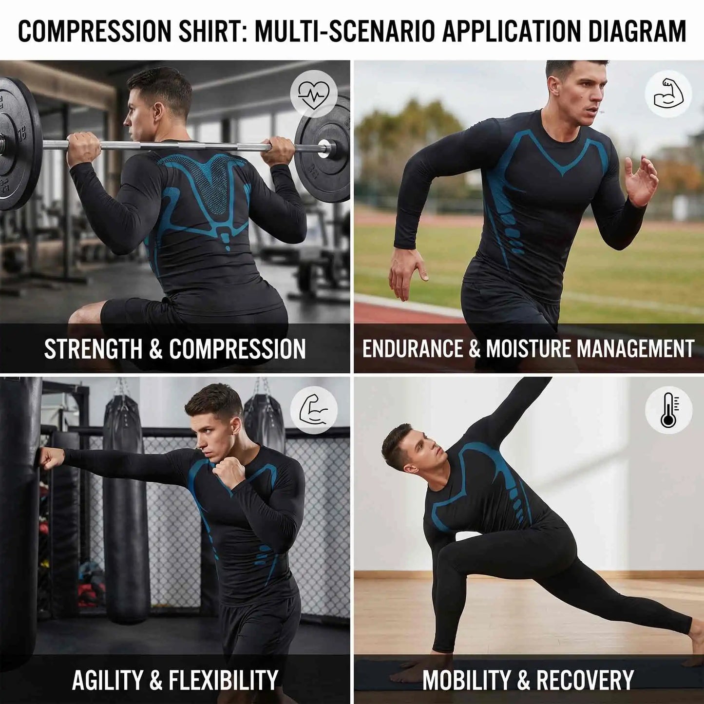 3-Pack Men's Compression Shirts Long Sleeve Gym Baselayer Tops Contour Graphic Workout Tees Moisture-Wicking Quick-Dry Performance Training Set