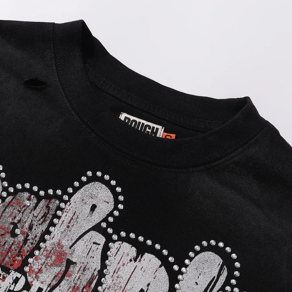 New American Style RoughPlay Splicing Shinning Diamond 100% Cotton Short Sleeve Tshirts for Men Women Crew Neck Loose Summer T-shirt Oversized Tees