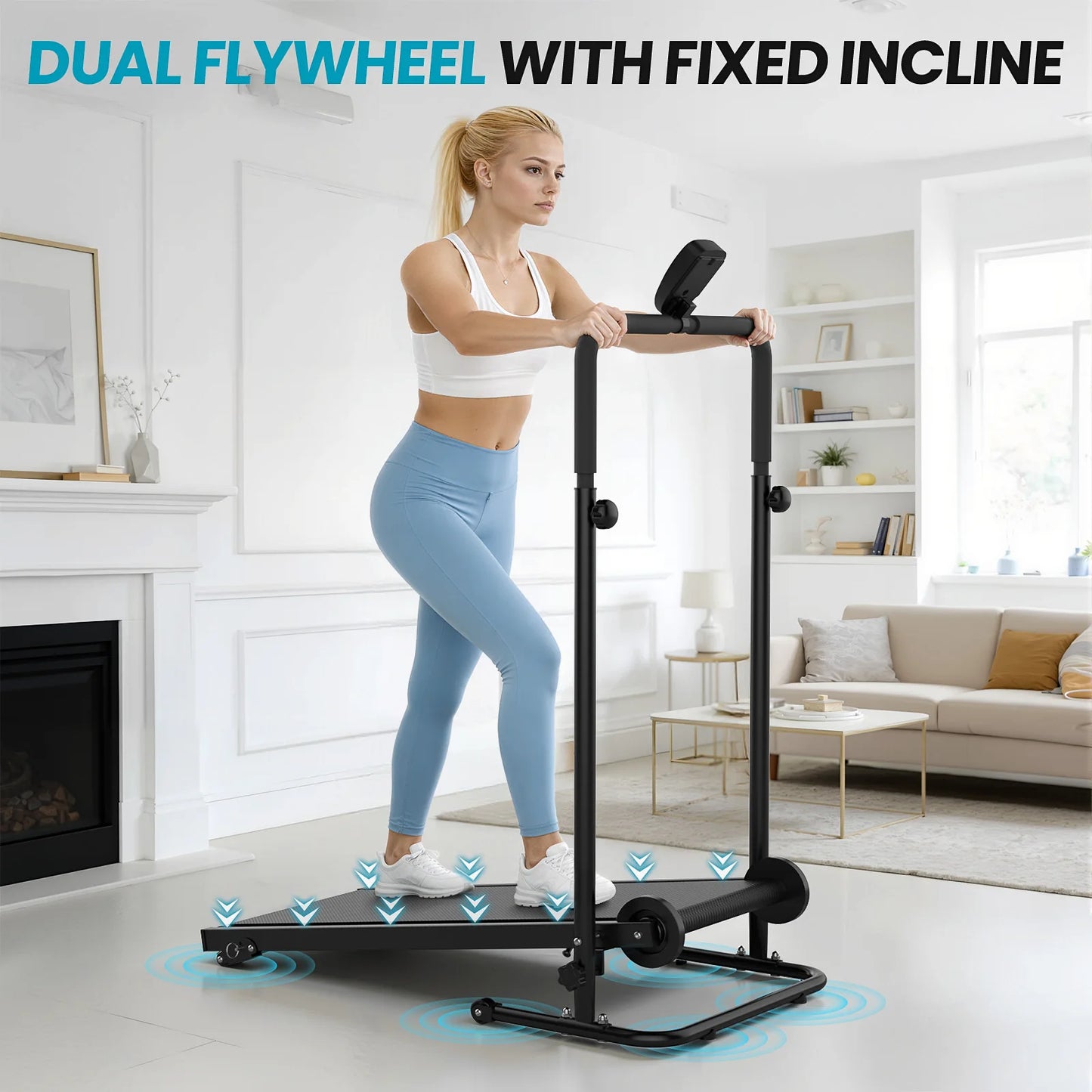 AKLUER Non-Motorized Foldable Treadmill With Dual Flywheel And Fixed Incline