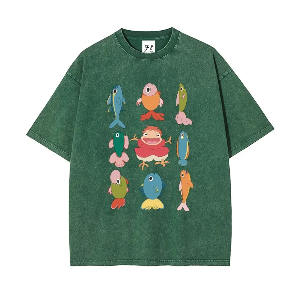 Studio Ghibli Ponyo with Colorful Fish Print Washed T-Shirt