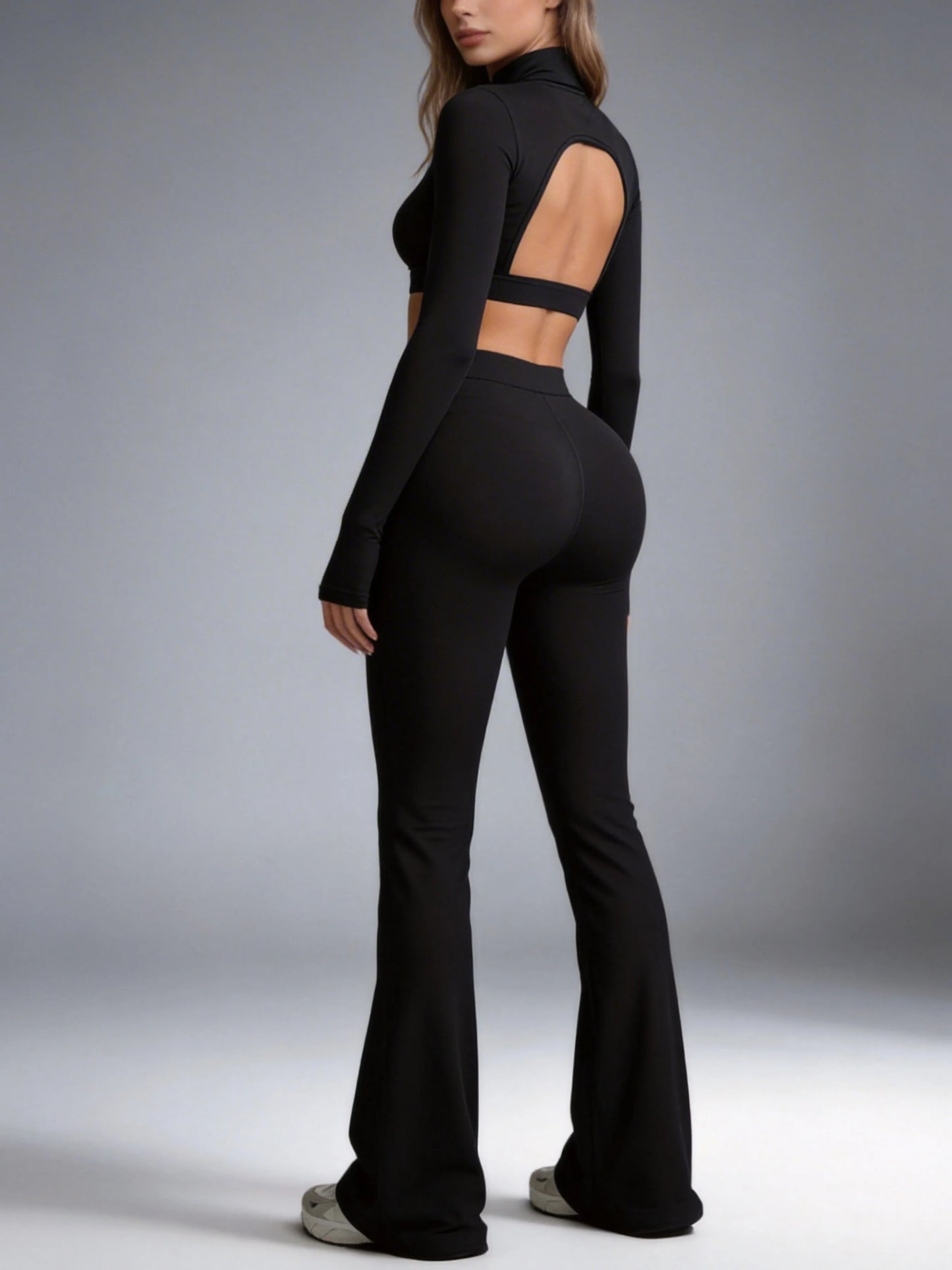 Women's Turtleneck Long Sleeve Yoga Set With Back Cutout Flare Pants