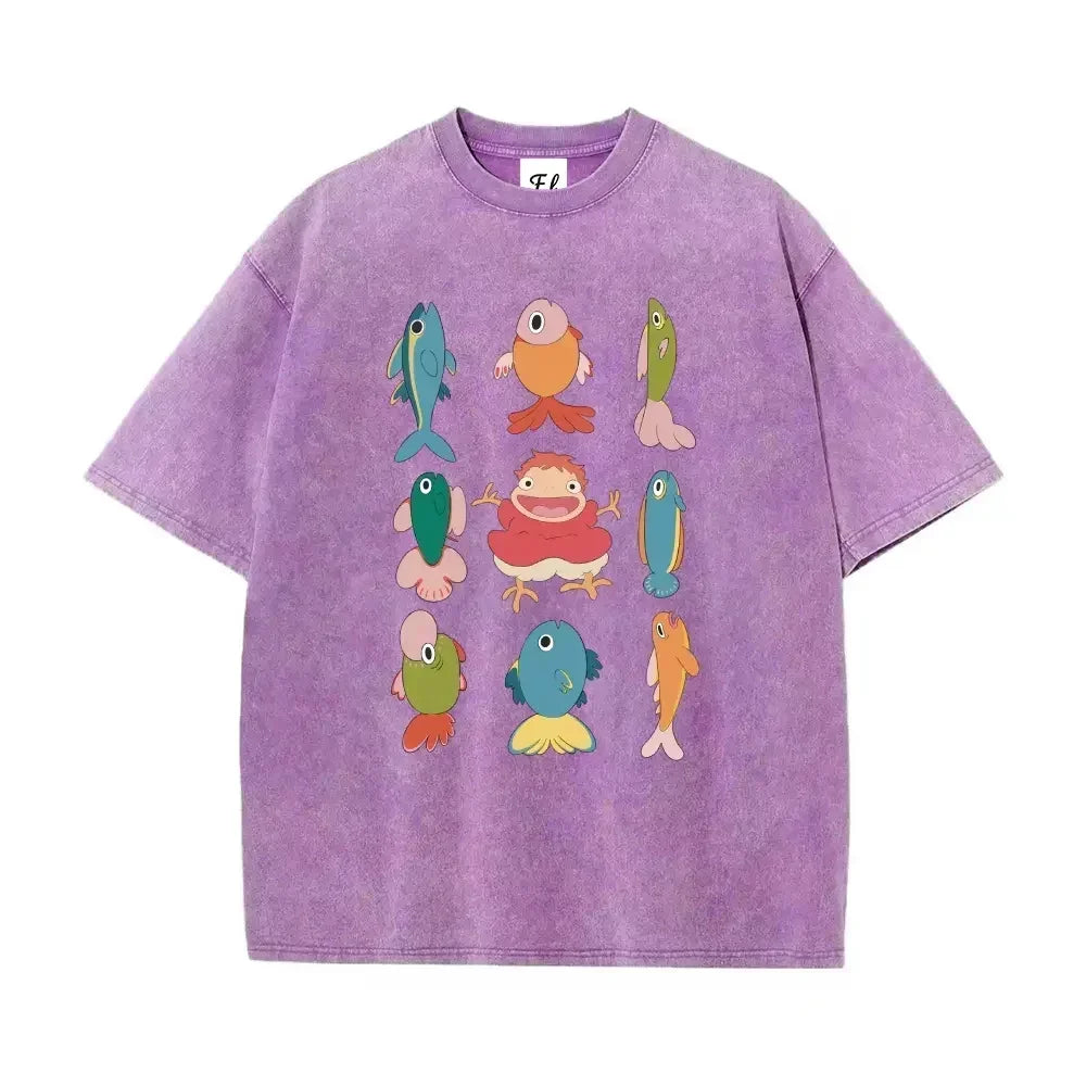 Studio Ghibli Ponyo with Colorful Fish Print Washed T-Shirt