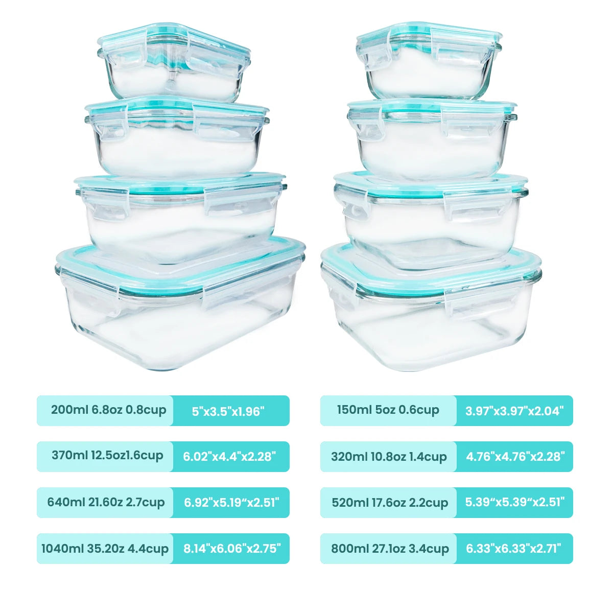8 Piece Glass Food Storage Containers Set Leakproof Stackable